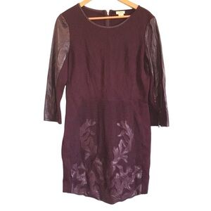 A. Moss genuine leather detail 3/4 sleeve bodycon dress size 12 burgundy